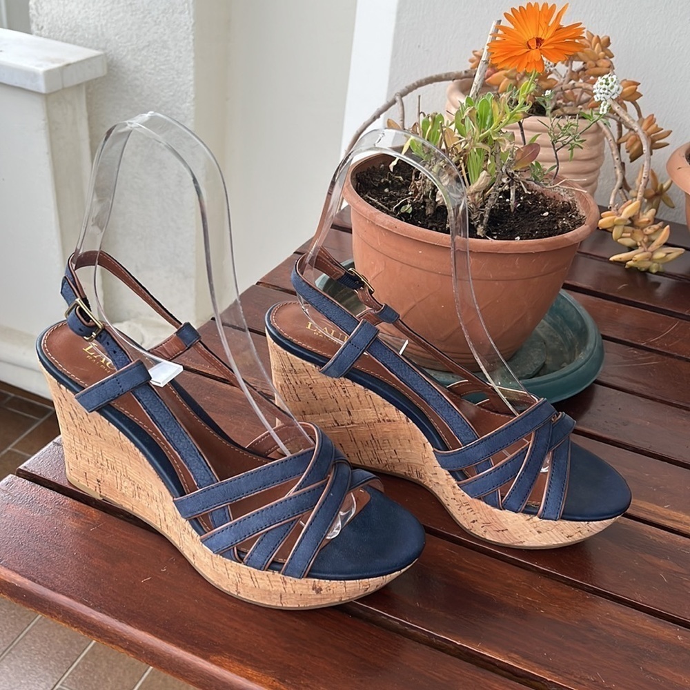 Lauren Ralph Lauren QUAYLIN Navy Blue Peep Toe Cork Wedge Heel Shoes 7 - Picture 6 of 10